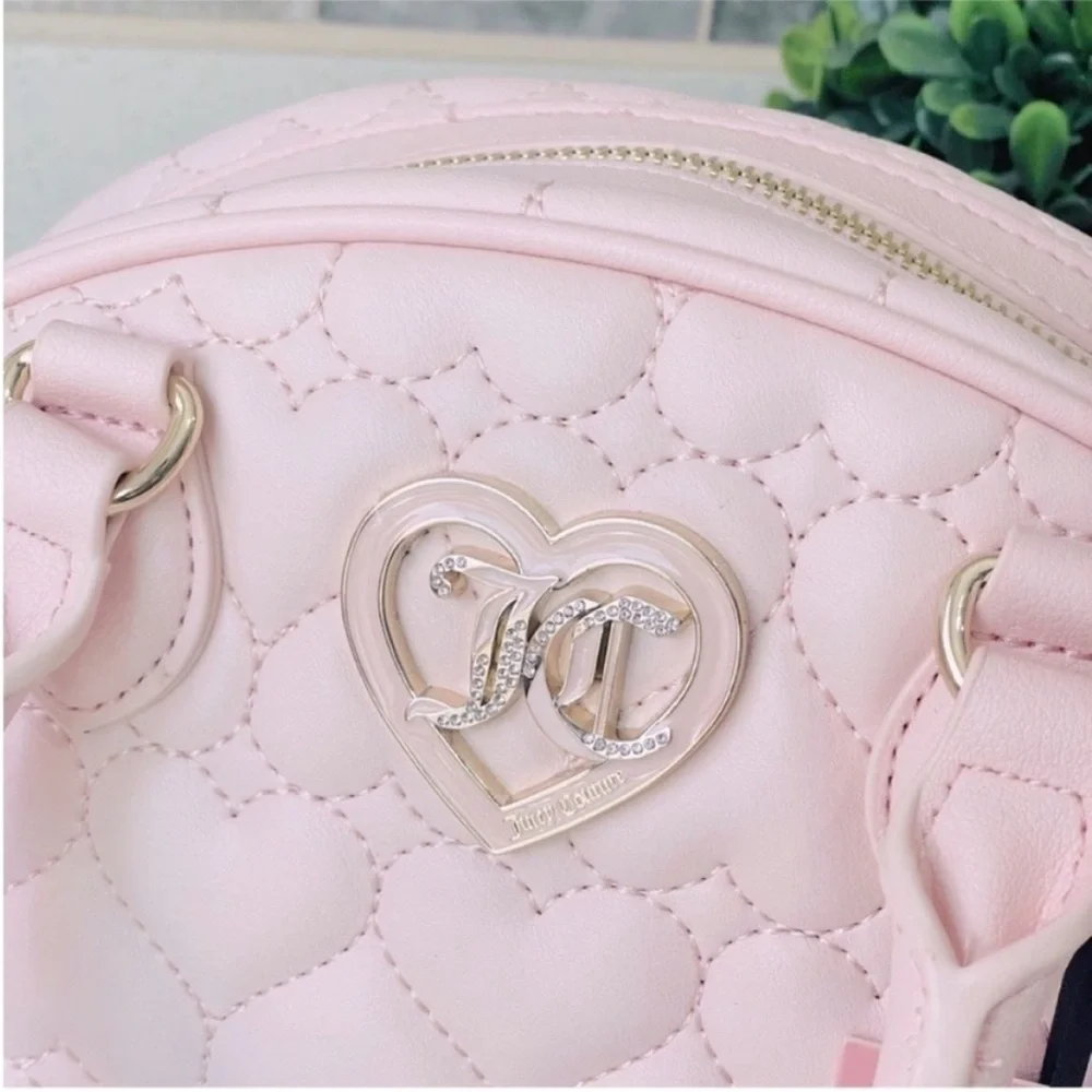 NEW Juicy Couture Pink Heart Quilted‎ Satchel Crossbody Bag Rhinestone JC Logo